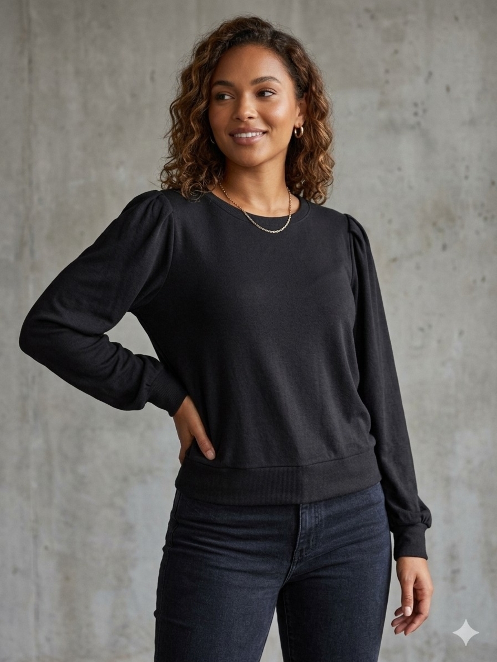 Express Black Puff Sleeve Crewneck Sweatshirt